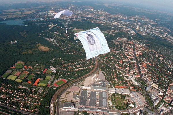 LG 11kg washing machine banner over Berlin city centre